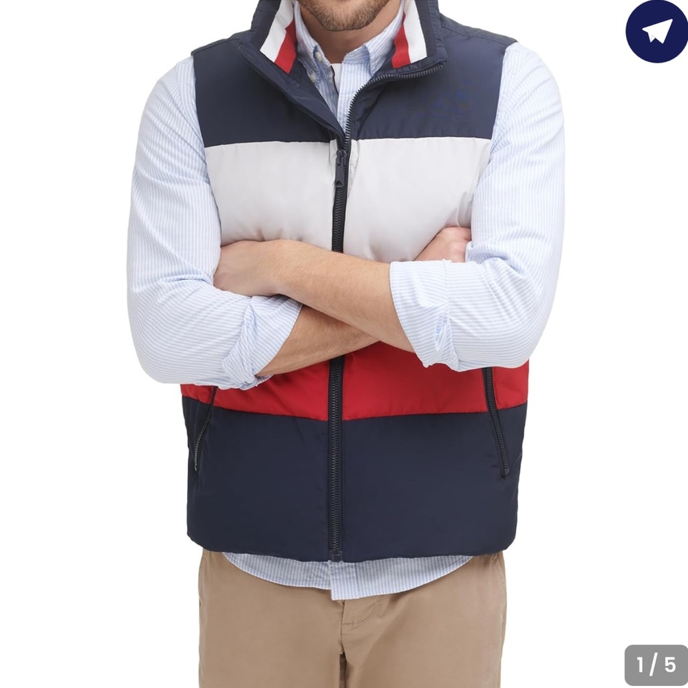 Tommy Hilfiger Mens Quilted Stand
Collar Vest Red White and Blue Zip Up Puffer